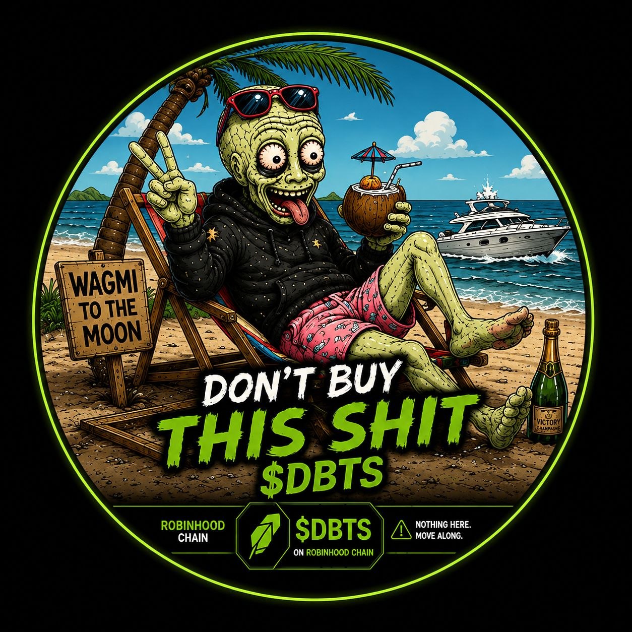 $DBTS zombie relaxing on a beach with a coconut