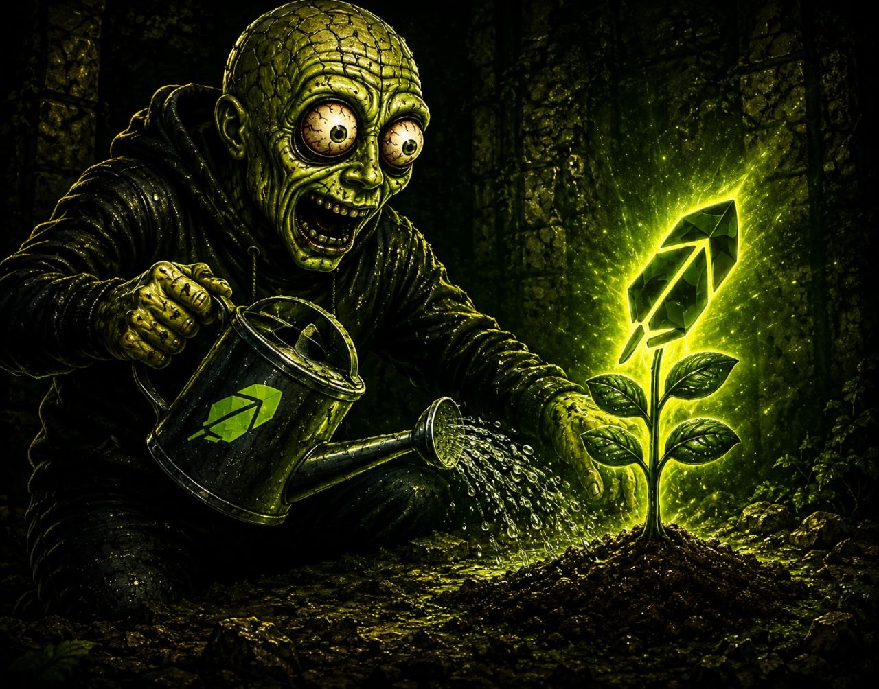 $DBTS mascot watering a glowing sprout