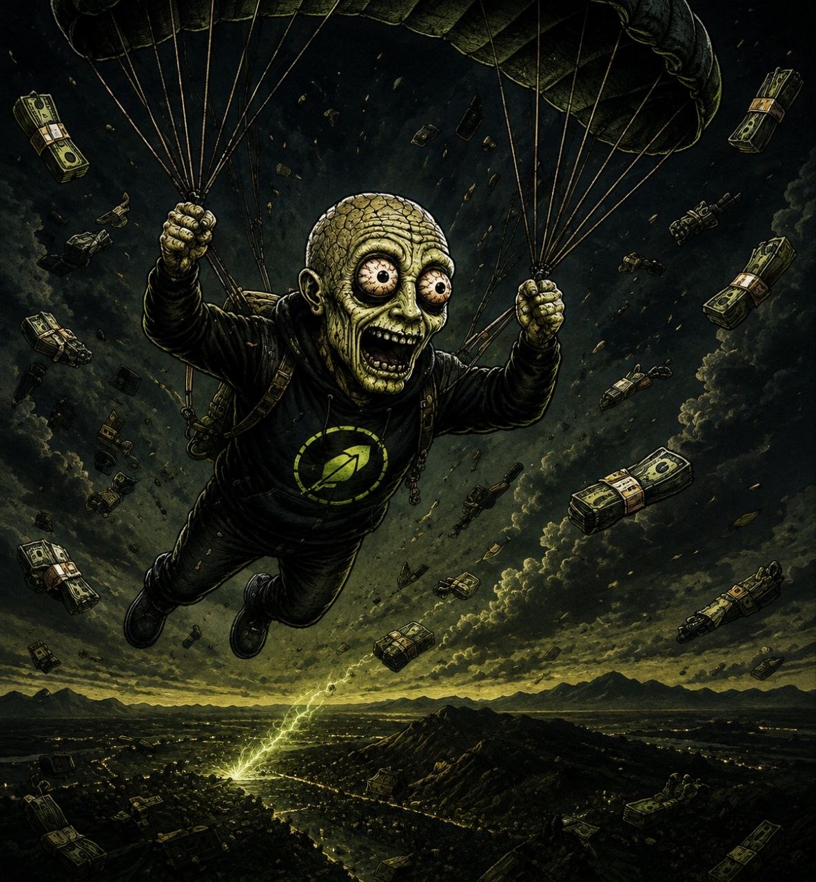 $DBTS mascot parachuting through falling stacks of cash
