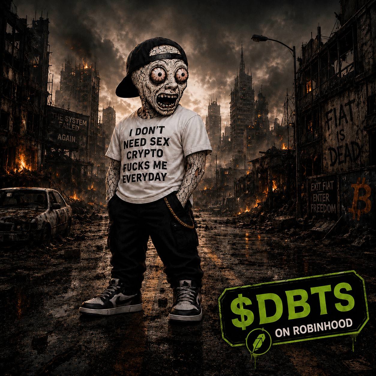 $DBTS mascot standing in a burning city with a Fiat is Dead sign