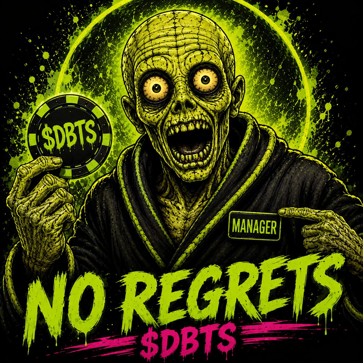 $DBTS mascot holding a $DBTS chip with a No Regrets banner