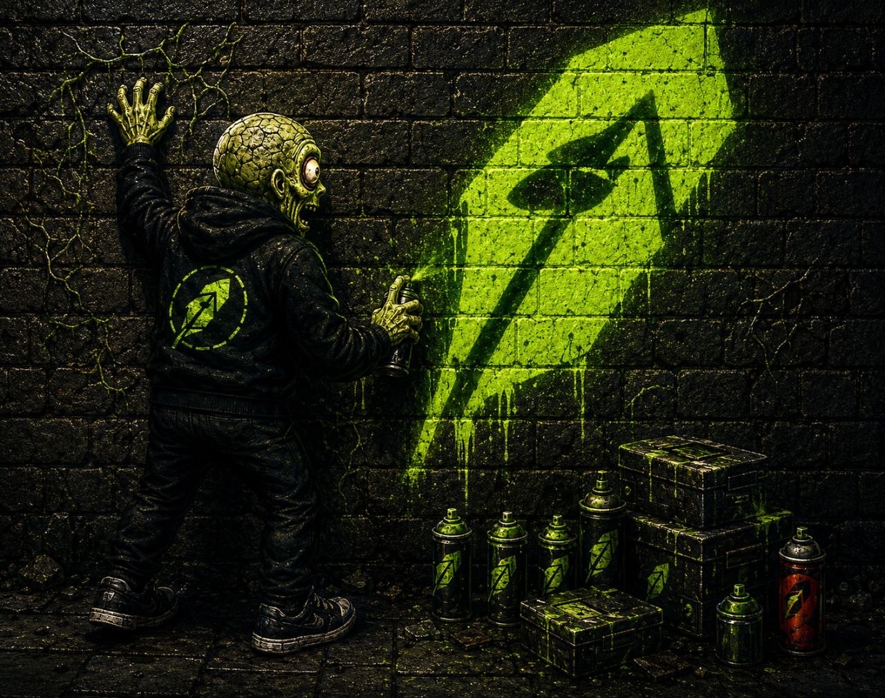 $DBTS mascot spraying the logo on a brick wall