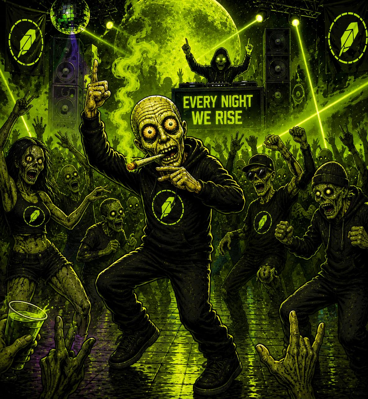$DBTS mascot raving with the horde under green lasers