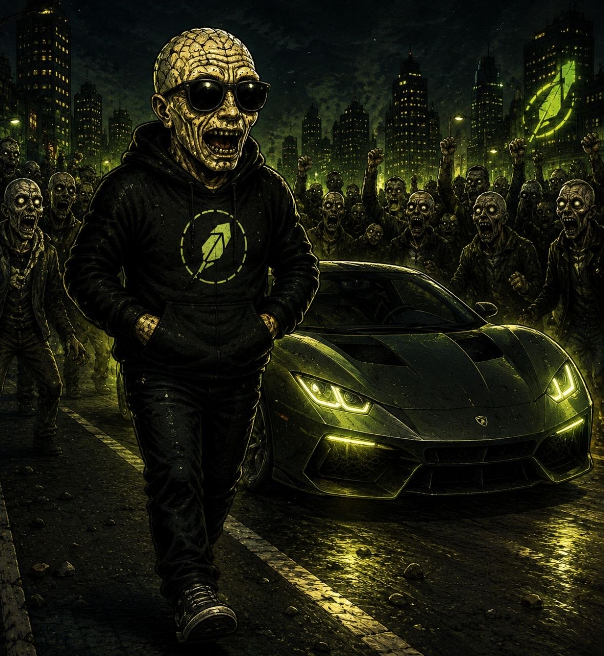 $DBTS mascot walking a night city with the horde
